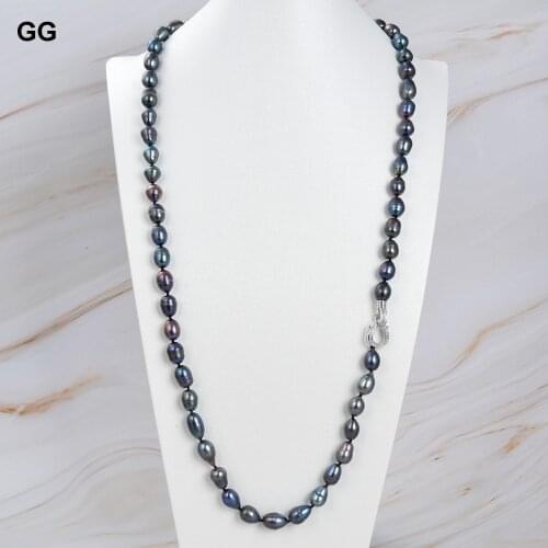 GuaiGuai Jewelry Freshwater Black Rice Pearl Long Necklace For Women 32"