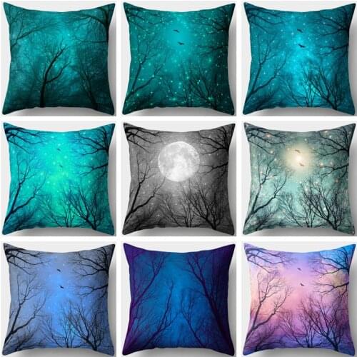 Cotton Linen Starry Forest Pillow Case Cover Oil Painting Starry Night Moon Home Pillow Cases Animal Abstract Art Look Up Sky