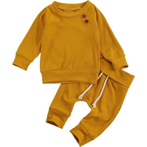 2pcs Newborn Baby Girls Boys Ribbed Solid Clothes Long Sleeve Shirt Pants Spring Outfits Infant Clothing