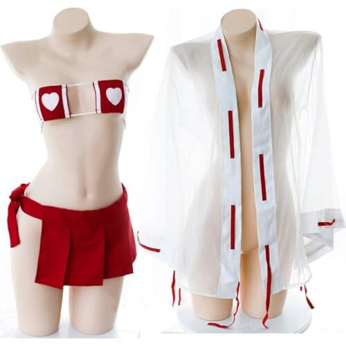 Womens Sexy Lingerie Set Erotic Japanese Kimono Witch Uniform Square Cup Micro Bikini Bra Top Mini Skirt Transprent Robe Thong