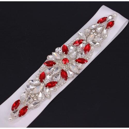Crystal Bridal Sash Diamond Bridal Belt For Evening Dress Red Rhinestones Wedding Dress Belt With Beaded Pearl for Women