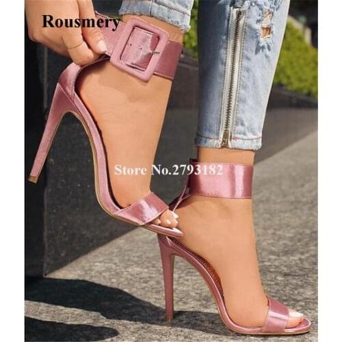Summer Hot Selling Women Pink Satin One Strap Gladiator Sandals Open Toe Ankle Strap Big Buckle Design High Heel Sandals