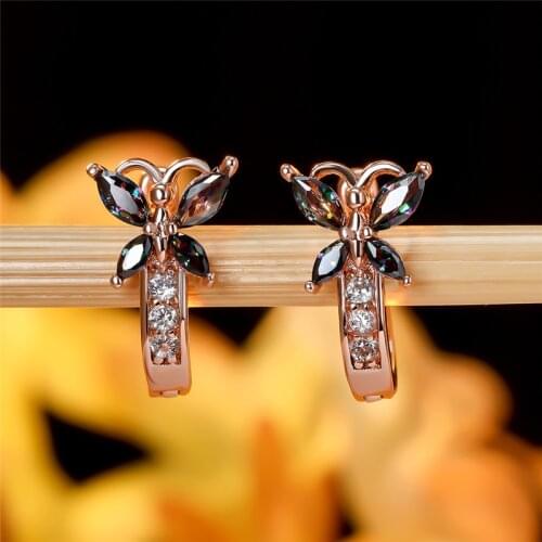 Mystic Rainbow Zircon Cute Butterfly Hoop Earrings For Women Wedding Vintage Fashion Gold/Black/Rose Gold/Silver Color Earrings