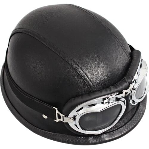 Motorbike Scooter Biker Leather Retro Open Face Half Face Helmet UV Goggles For Harley Vespa Cafe Racer Cruiser XL Black DOT