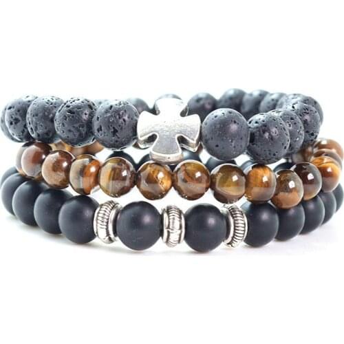 Men Bracelet Natural stone Beads cross charm bracelet set For Women Men Jewelry
