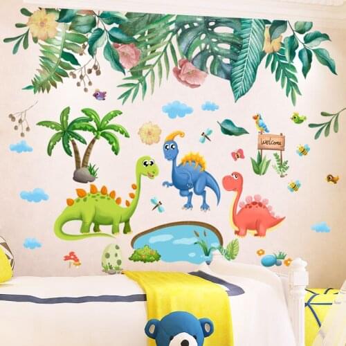 [SHIJUEHEZI] Dinosaurs Animals Wall Sticker DIY Tropical Tree Leaves Wall Decals for Kids Room Baby Bedroom Home Decoration