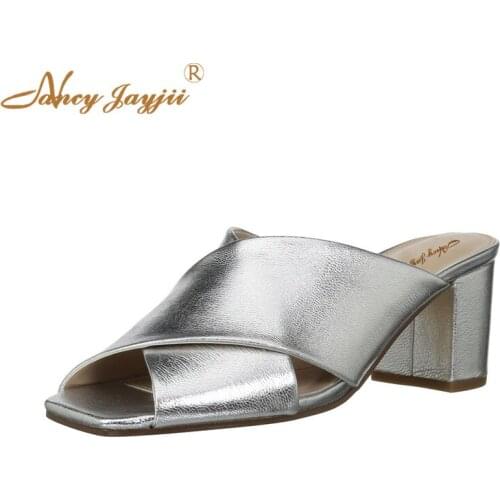 Nancyjayjii Woman shoes Adult Slippers Silver Solid Wedges High Square heel Indoor Summer Basic Casual Fashion Leisure Classic