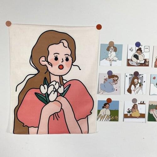New Lovely girl Ins Nordic illustration tapestry wall decoration bedroom transformation background cloth home decoration