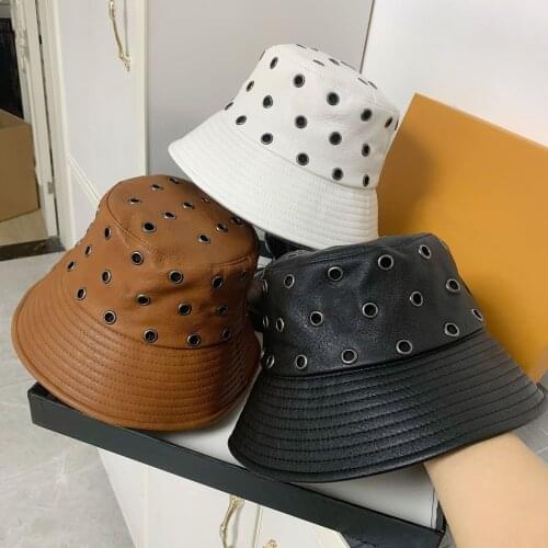 Bucket hat панамы Winter Wommen Hollow Leather Hat Mens Hat Patent Leather Basin Hat Fashion Party British Retro Hat