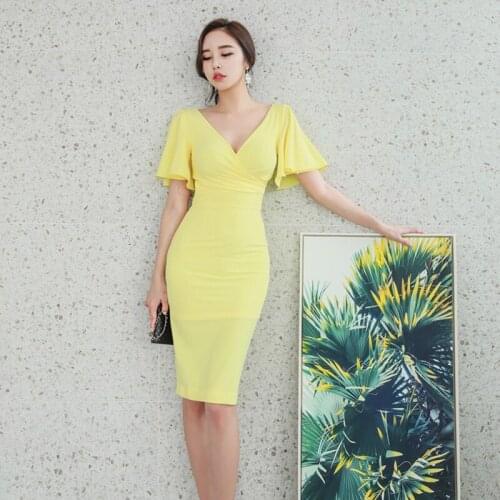 Fashion women comfortable elegant solid v-neck formal dress new arrival party sexy vintage lovely simple fresh cute pencil dress