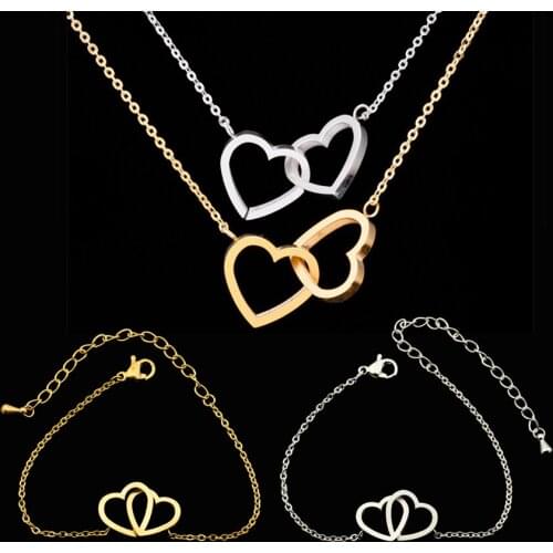 Romantic Forever Love Double Heart Chains Necklace Friendship Charm Bracelets Stainless Steel Jewelry Set Lovers Valentines Gift