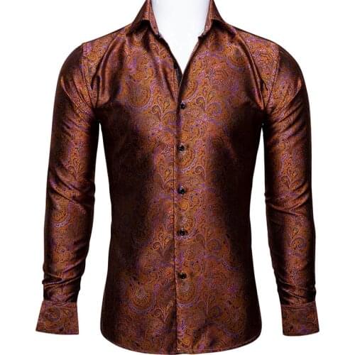Barry.Wang Luxury Orange Paisley Silk Shirts Men Long Sleeve Casual Gold Flower Shirts For Men Designer Fit Dress Shirt BCY-0030