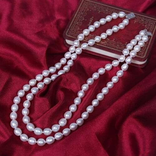 Hand Knotted natural 2 rows fresh water white rice 8-9mm pearl necklace 45-47cm fashion jewelry