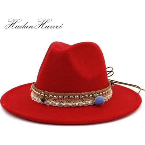 Women Men Solid Wool Felt Fedora Hat Wide Belt Gentleman Elegant Lady Winter Autumn Wide Brim Jazz Church Panama Caps