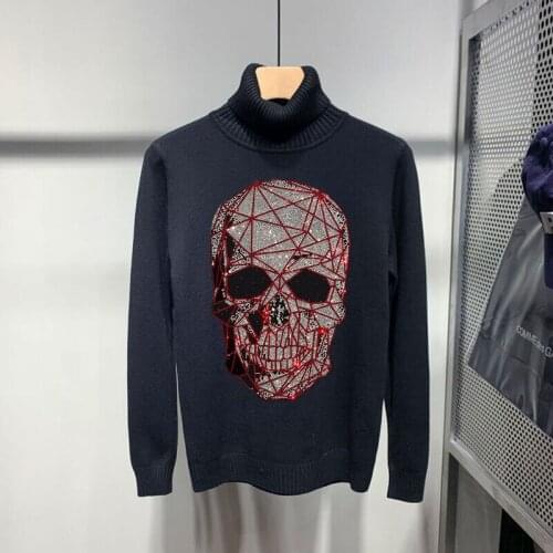 Glittering Pattern Cashmere 100% Thick White Mens Turtleneck Sweater Loose Sweatshirt Hot Drill Skull Pullover