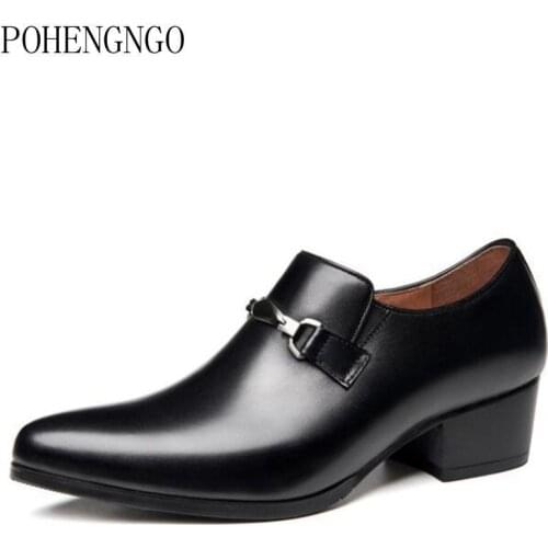 Fashion New Black 5cm High Heels Men Loafers Formal Men Dress Buckles Pointed Toe Genuine Leather Business Mens Wedding Shoes