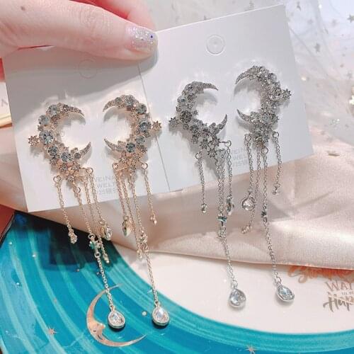 Korean Style Star Drop Earrings for Women New Bijoux Long Tassel Shiny Blue Crystal Dangle Earrings Jewelry