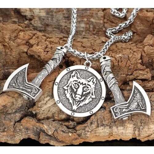 Nordic viking odins wolf and raven rune pendant necklace for men