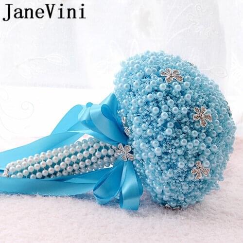 JaneVini Pearls Rhinestone Wedding Bouquet Blue Ribbon Satin Rose White Wedding Flowers Luxury Beaded Bridal Bouquet De Mariage