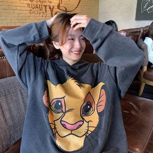 2020 The Lion King Cartoon Print Sweatshirt Autumn Winter Women Loose Hoodies Pullover Vintage Warm Casual Outwear Hooded Street