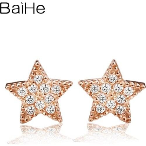 BAIHE Solid 18K White/Yellow/Rose Gold 0.10ct Natural Diamonds Star Stud Earrings Women Cережки Wedding Gift Cерьги Engagement