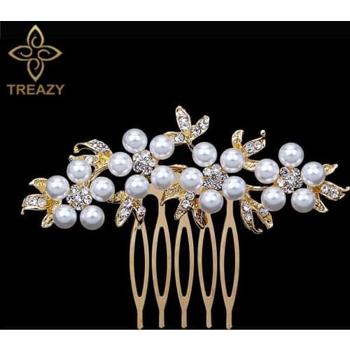 TREAZY Gold Color Pearls Crystal Brides Hair Jewelry Flower Bridal Hair Combs Women Headpiece Party Wedding Hair Accessories