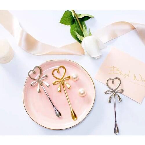Long Handle Stirring Spoon Bow Knot Lovely Girl Heart European Luxury Stainless Steel Coffee Dessert Spoon 1pc