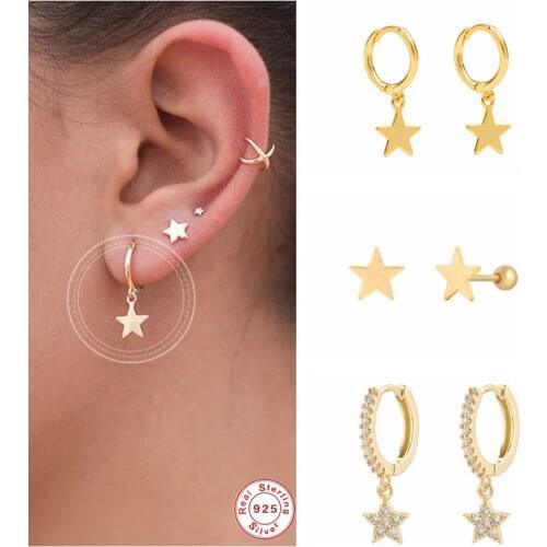Aide 925 Sterling Silver Classic Zircon Star Moon Pendant Hoop Earrings For Women Crystal Pentagram Earrings Jewelry Pendiente