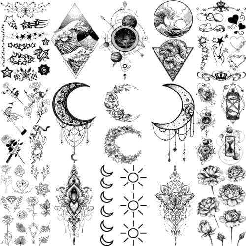 Black Moon Pendant Lotus Temporary Tattoos For Women Adult Men Flower Universe Sea Geometry Fake Tattoo Hand Small Tatoos Paper