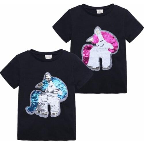 Baby Girl Clothes Cute Cartoon Discolored Sequins Unicorn Girls T-Shirt Summer Casual Cotton Kids T-Shirt 1-7 Years Kids Clothes