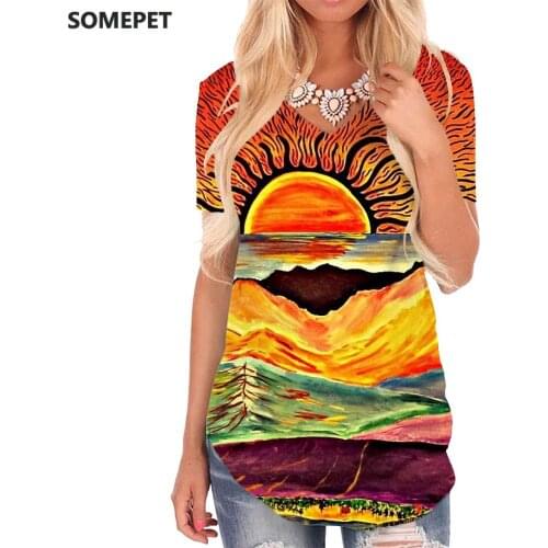 SOMEPET Graffiti T Shirt Women Painting Tshirts Printed Abstract V-neck Tshirt Colorful Funny T shirts Womens Clothing Fashion