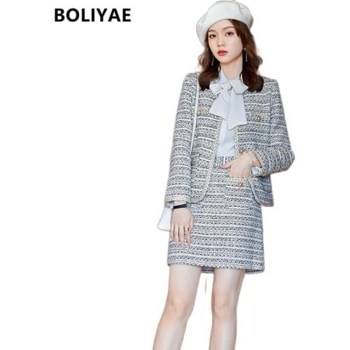 Boliyae Suits with Skirt Womens Autumn Winter Fashion Tweed Blazers Triple Breasted Casual Long Sleeve Jacket Female Top Coats