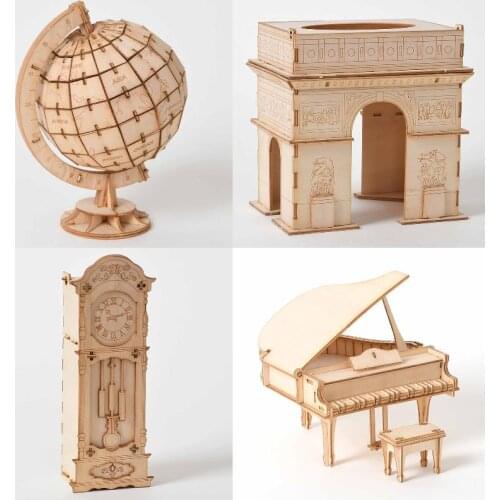 Laser Cutting 3D Wooden Puzzle Manual Assembly Globe Piano Clock Model Kits Desk Decoration Building Blocks Toy for Children