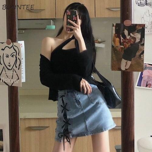 Mini Skirts Women Plus Size Sexy Korean Style High Waist Cross Side Bandage Denim Summer Club Wear All-match Fashion Streetwear