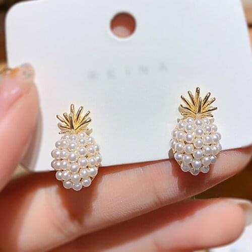 Fashion Alloy Artificial Pearl Pineapple Earrings Cute Fruit Ear Stud Simple Style Jewelry Accessory For Women Party Girl E017