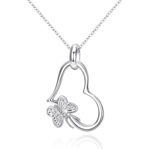 Fashion jewelry Silver color heart-shaped pendant necklace with butterfly sweet romantic birthday gift for girl hot