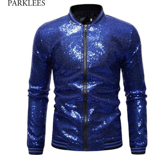 Blue Sequin Glitter Varsity Bomber Jacket Coat Men 2019 Brand New Hip Hop Mens Jackets and Coats Club Disco DJ Chaqueta Hombre