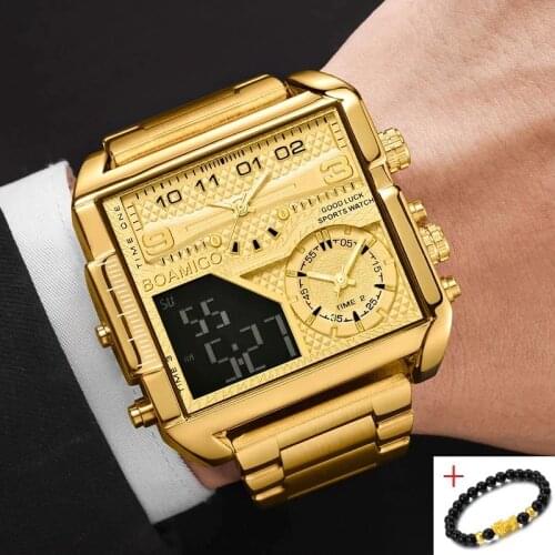 BOAMIGO Sport Square Digital Analog Big Quartz Watch New Top Brand Luxury Fashion Gold Stainless Steel Men Watches for Men 2021