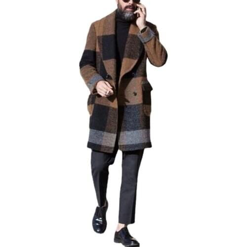 Men Wool Blends Coats Winter Plaid Turn-Down Collar Overcoat Male Warm Woolen Outwear Plus Size Long Trench Outerwear M-3XL