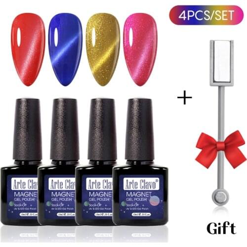 Arte Clavo Cat Eye Magnetic Gel Set 4 Pcs Free Gift Semi Vernis Permanant UV Gel Polish Holographic Glitter Cat Eye Gel Lacuqe