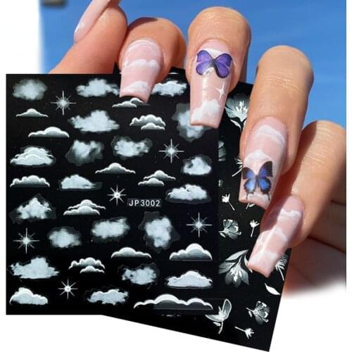 5D Sky White Cloud Stickers for Nail Decals Engraved Embossed Flowers Leaf Design Adhesive Slider Wraps Manicure Nail Art