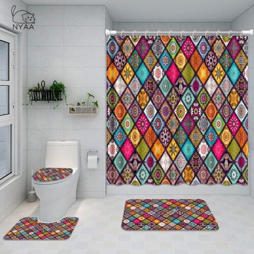 NYAA Indian Mandala Bathroom Set Bohemian Ethnic Floral Waterproof Shower Curtain Toilet Cover Mat Non Slip Rug Home Decor