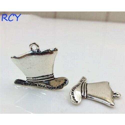 Top Quality 20 Pieces/lot 23mm*30mm antique silver color Your Mad I'm Mad We're All Mad Hat Charm Pendant For Jewelry Making