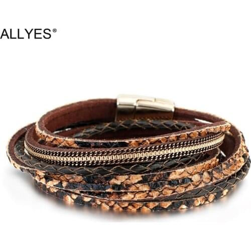 ALLYES Multilayer Braided Genuine Leather Bracelets for Women Bohemian Snake skin Pattern Wrap Bracelet Fashion Jewelry