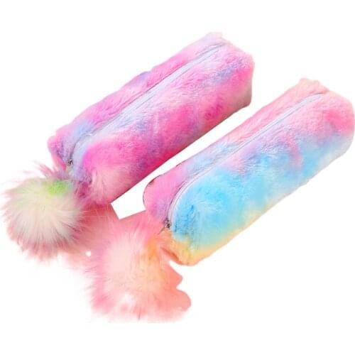 Plush Pencil Bag, Stationery Bag, Dye Printed Dangling Ball Zipper Small Lovely Girl School Students Pack Cosmetic Bag