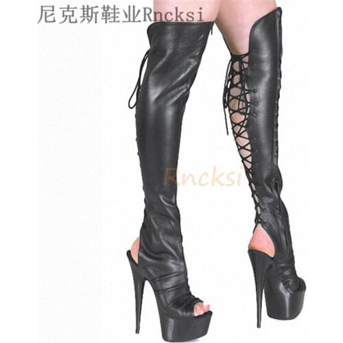 15cm The Knee High Boots Sexy Fabric Women Boots Size 34-46 Wild Sexy Whip Shoes at Night Matte Belt Shoes Round Toe Thin Heels