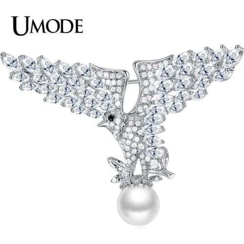 UMODE New Fashion Jewelry Open Wings Eagle Large Pearl Brooches for Women Austria Rhinestone Broches Mujer AUX0038