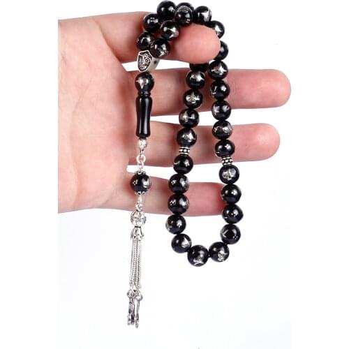 Tesbihcibaba Tuğra Embroidered Oltu stone Prayer Beads Turkish handmade custom design oltu stone silver fastening rosary Islamic Ottoman