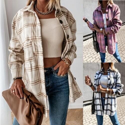 Womens Drop Shoulder Plaid Shirt Coat Jacket Ladies Vintage Button Pockets Thick Casual Tops Blouse Spring Fashion Streetwear