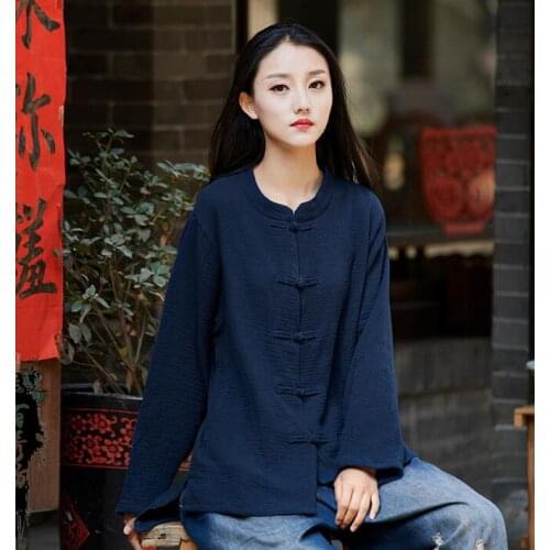 2020 spring and summer cotton and linen womens clothing new product Nianbaixiufang original retro stand-up collar button blouse